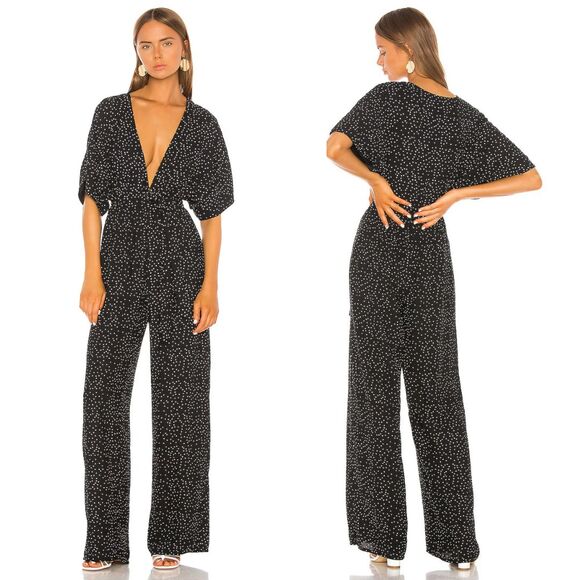 Revolve Shaycation Lisa Jumpsuit M Black White Polka Dot Wide Leg Packable Retro - Picture 1 of 10